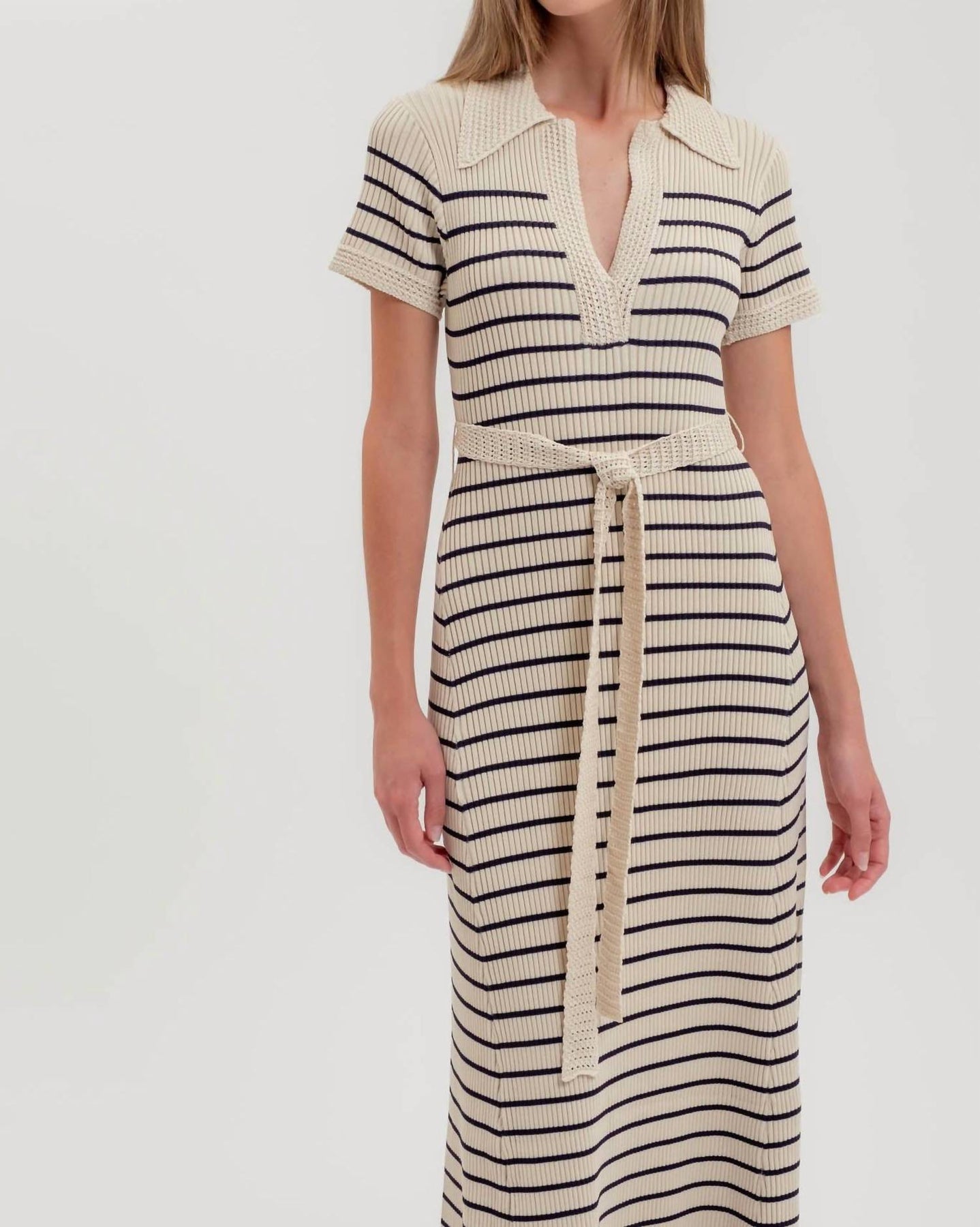 Stripe Crochet Trim Belted Sweater Dress
