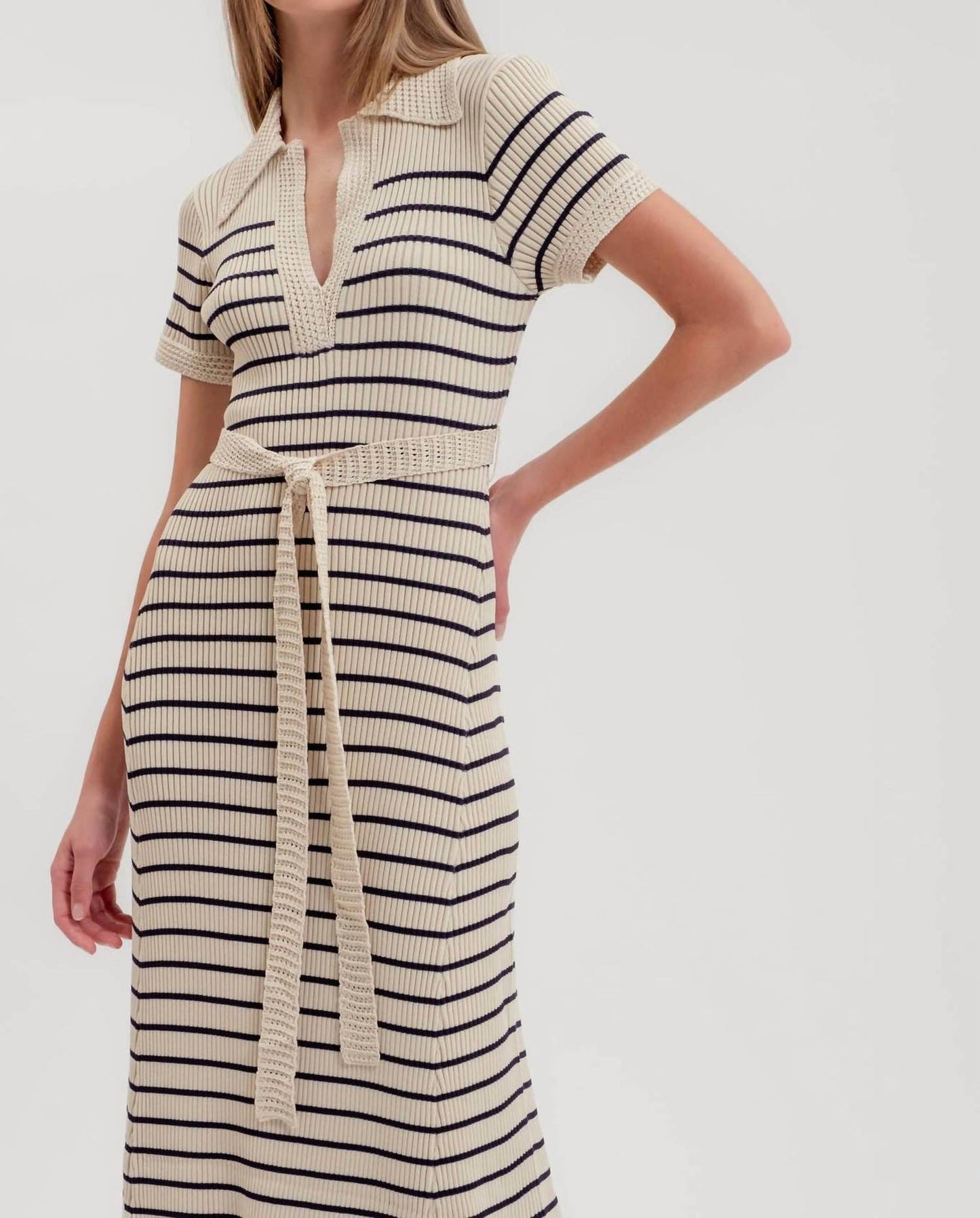 Stripe Crochet Trim Belted Sweater Dress