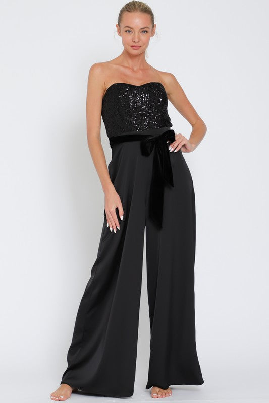 Strapless Sequins/Velvet Jumpsuit