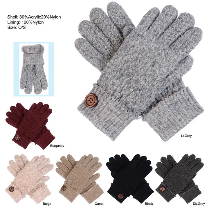 Button Detail Fur Lining Tweed Knit Gloves