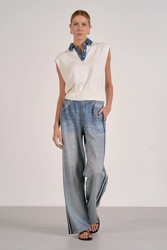 Cap Sleeve Denim Accent Sweater