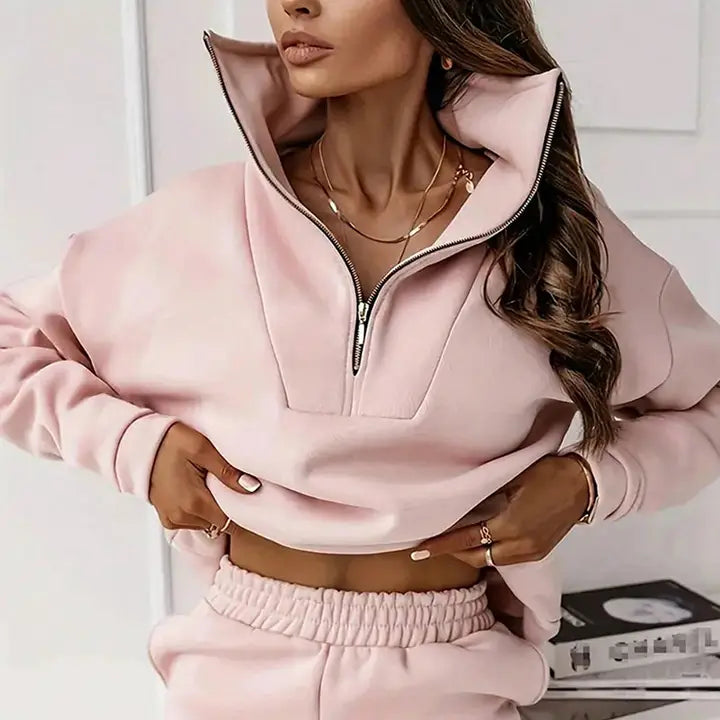 Half Zip Collar Sweatshirt Piping Pant Set - Peach