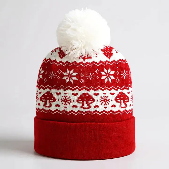 Snowflake Mushroom Pattern Pom Pom Winter Beanie Hat