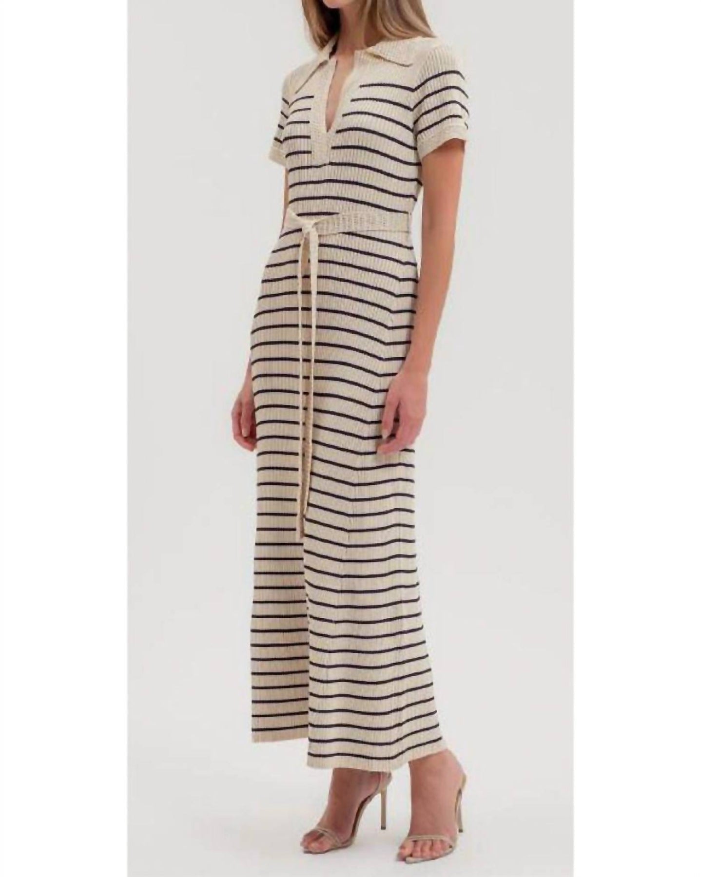 Stripe Crochet Trim Belted Sweater Dress