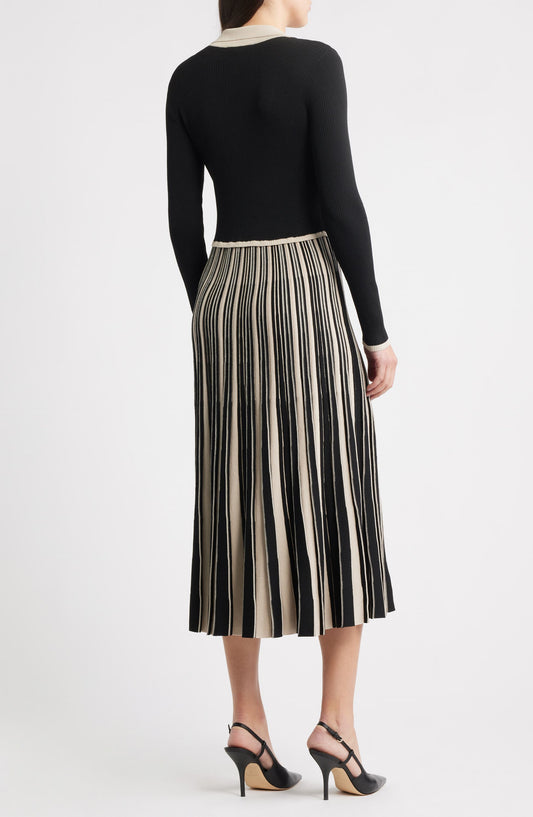 Stripe Long Sleeve Pleated Sweater Dress