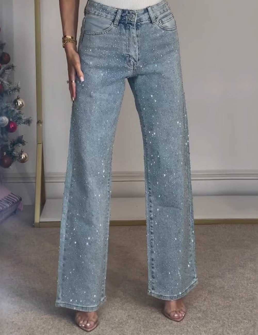 Rhinestone Button Pocket Straight Denim Pants