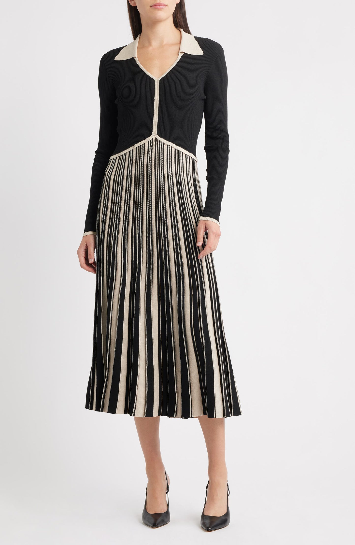 Stripe Long Sleeve Pleated Sweater Dress
