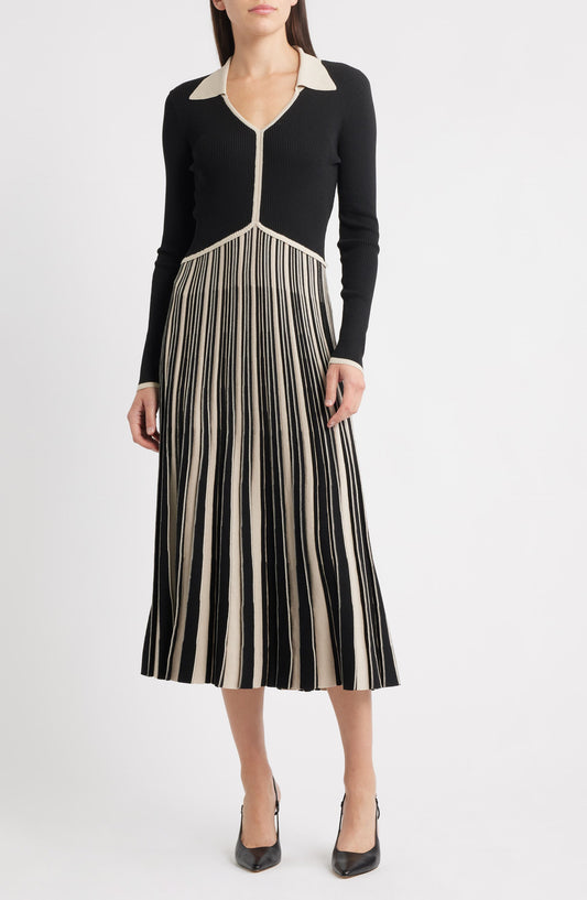 Stripe Long Sleeve Pleated Sweater Dress