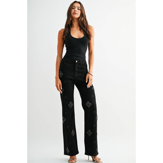 High Rise Wide Leg Embellished Jean