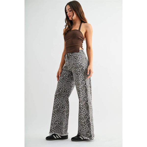 WIDE LEG FRAYED HEM LEOPARD