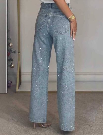 Rhinestone Button Pocket Straight Denim Pants
