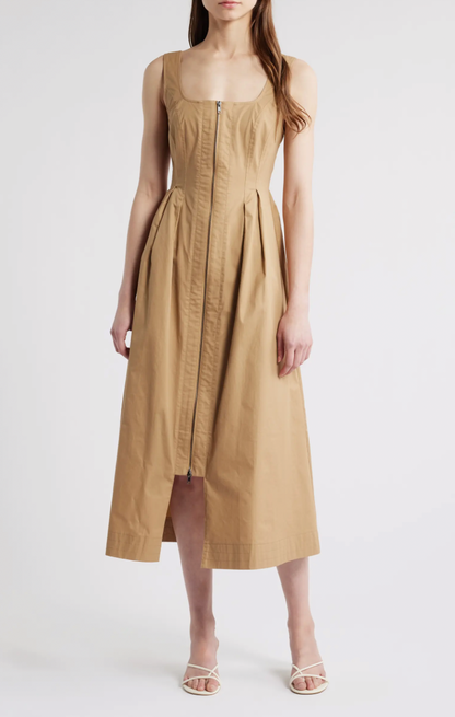Pleated Zipper Midi Dress