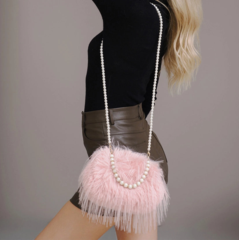 Pearl Handle Chain Faux Fur Handbag