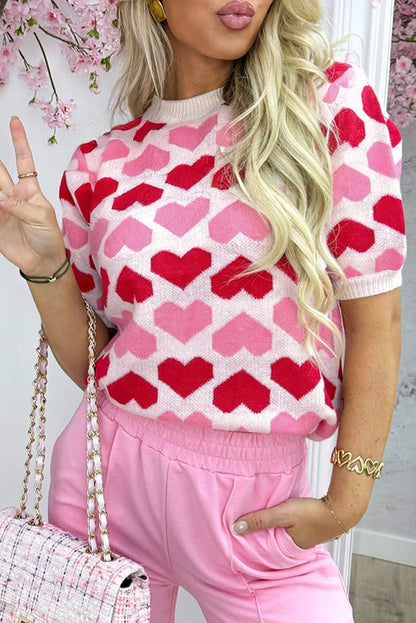 Pink Heart Print Short Sleeve Sweater