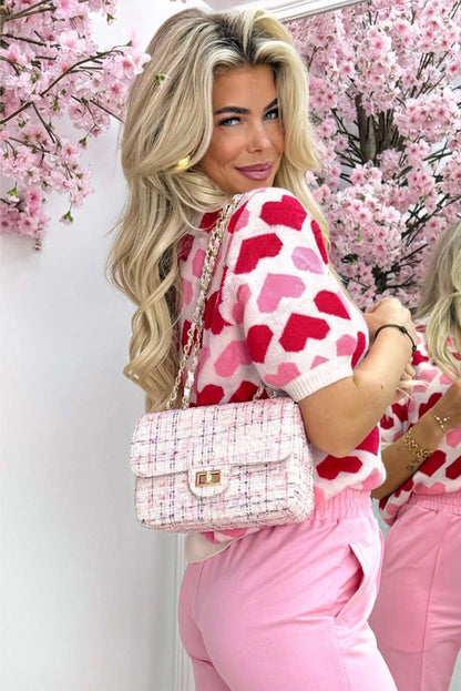 Pink Heart Print Short Sleeve Sweater