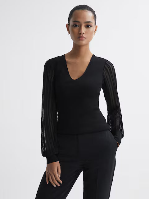 V-Neck Scuba with Mesh Sleeve Top
