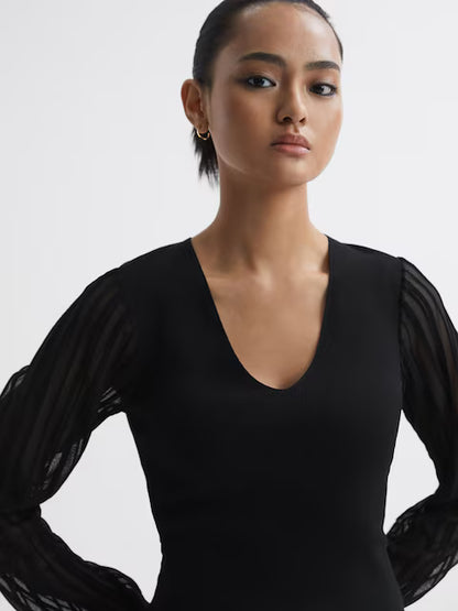 V-Neck Scuba with Mesh Sleeve Top