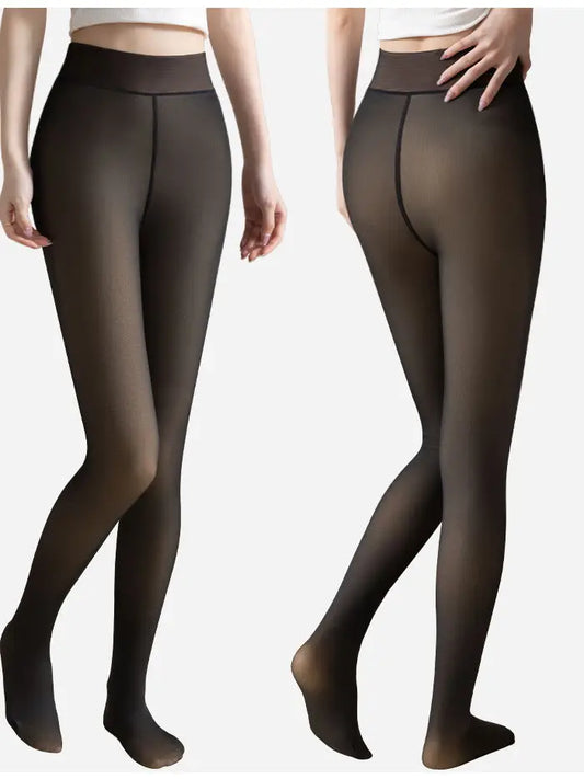 Warm Fleece Lined Tights Fake Sheer Pantyhose Leggings - Black