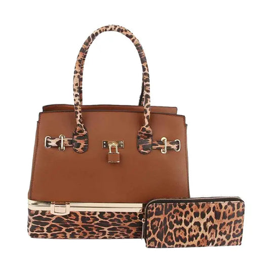 Le Miel Cheetch Accent Handbag and Clutch - Brown
