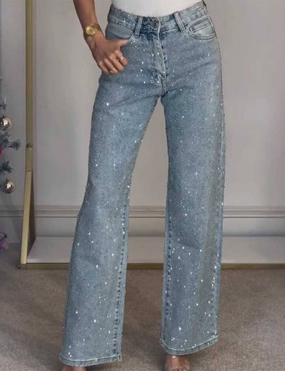 Rhinestone Button Pocket Straight Denim Pants