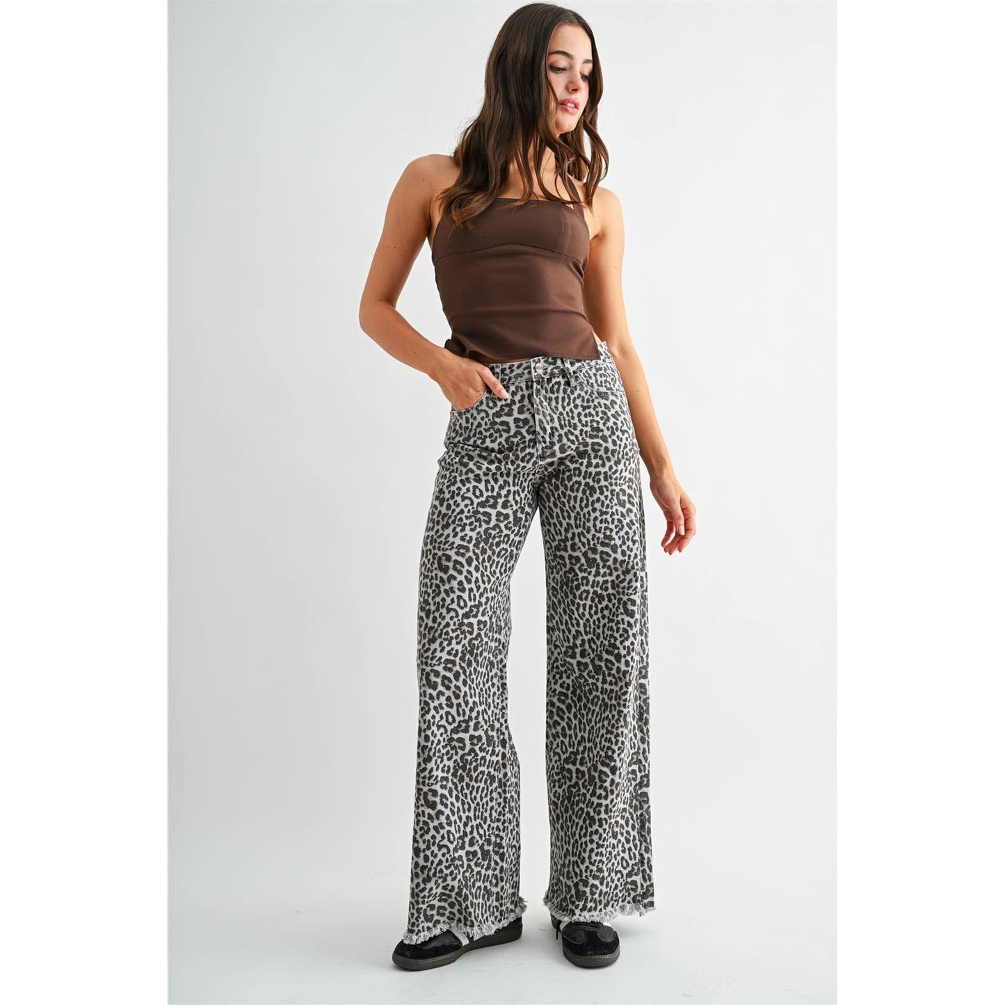 WIDE LEG FRAYED HEM LEOPARD