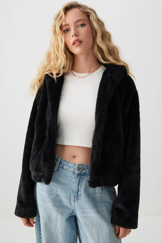 Cropped Zip Up Faux Fur Hoodie