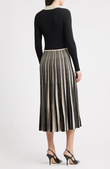 Stripe Long Sleeve Pleated Sweater Dress