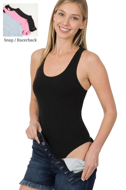 Racerback Cotton Bodysuit W/ Snap Buttons - Zenana