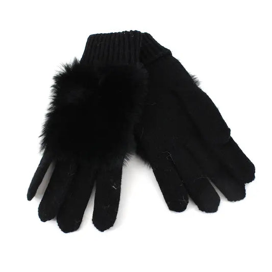 Knit Faux Fur Trim Gloves - Black