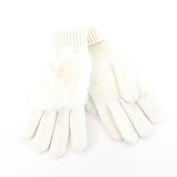 Knit Faux Fur Trim Gloves - Ivory