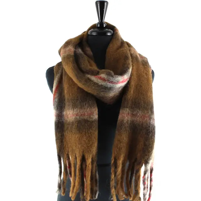 Large Fuzzy Plaid Scarf - Brown Multicolor